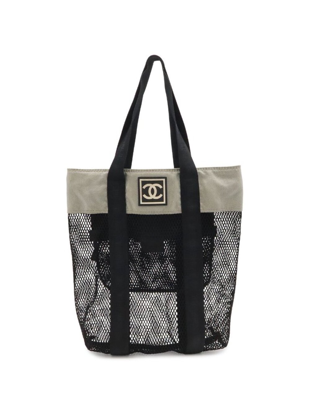 Chanel Sports Line Logo Mesh Tote Shoulder Bag Vertical Nylon Canvas Rubber